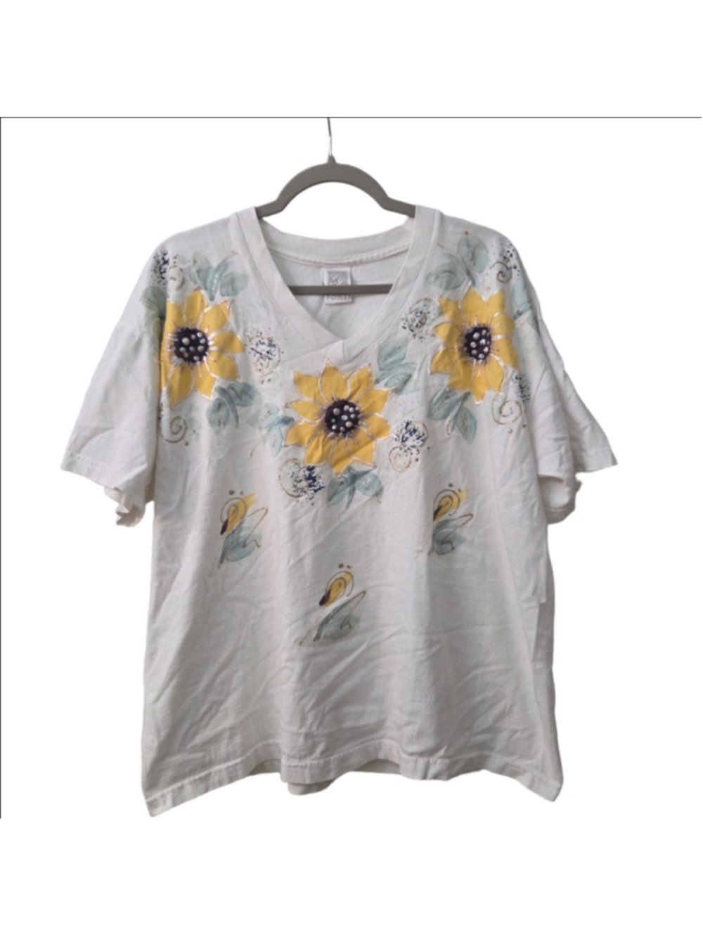 Ponti Vintage White Hand Painted Sunflower V-Neck T-Shirt One Size